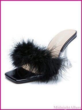 Feather High Heeled Mules Slip On Square Toe Clear Heels Wedding Party Shoes